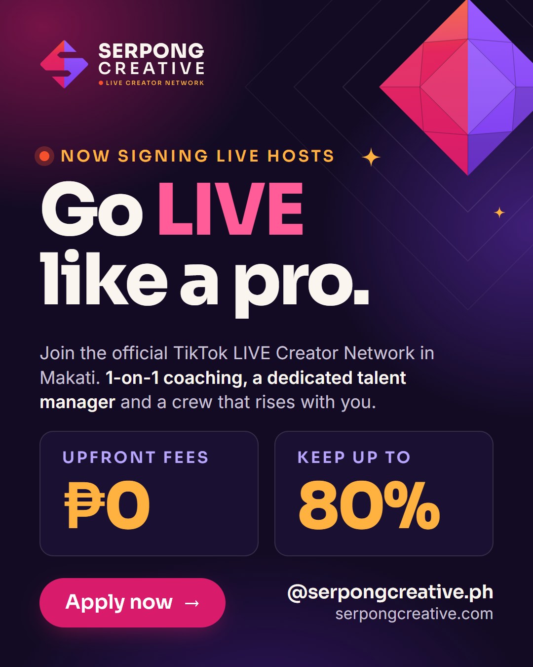 Serpong Creative recruitment card reading zero pesos upfront and keep up to 80 percent